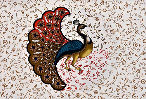 Image of Rajasthani Jaipuri Traditional Sanganeri Peacock Print 144 TC 100% Pure Cotton Double Size Bedsheet with 2 Pillow Covers (RED,White)