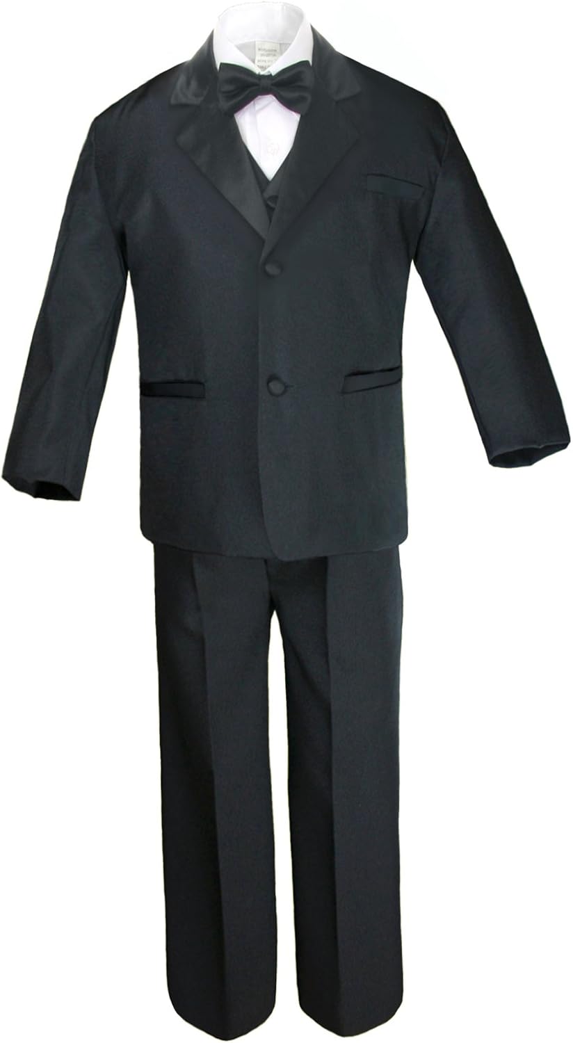 7pc Formal Boy Black Navy Blue Suit Tuxedo Bow Tie Vest Set (S-20)