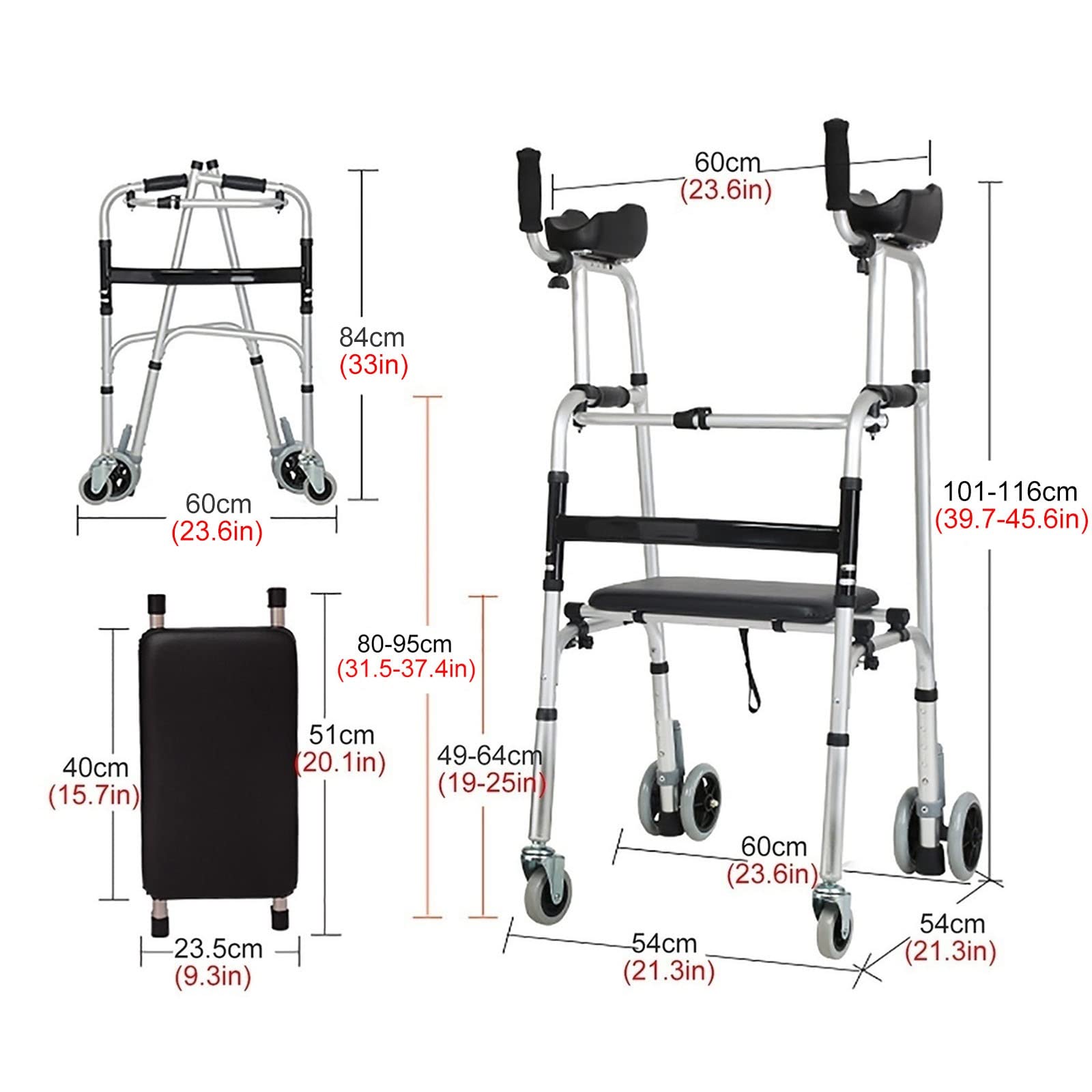 Andadores con ruedas Andadores altos para personas mayores Andadores verticales con asiento y soporte para antebrazo, ayuda para caminar con ruedas plegable ligera de aluminio, para interior