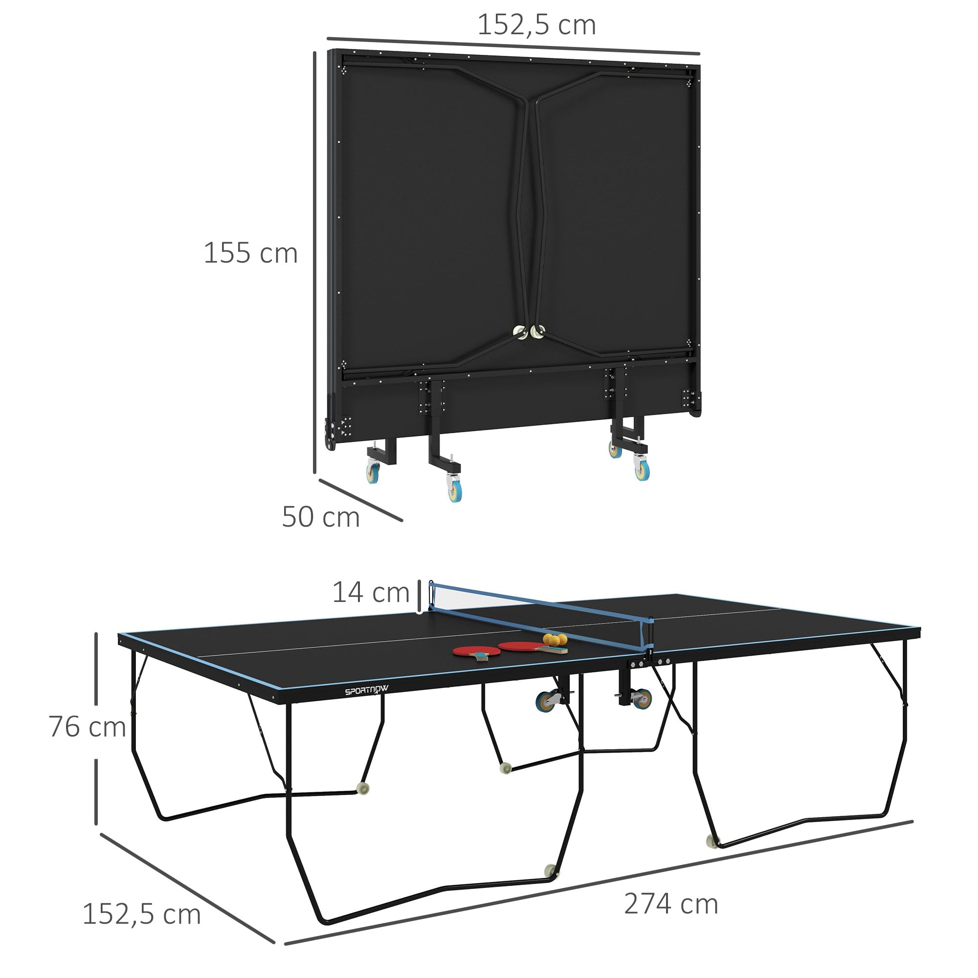 SPORTNOW Tischtennisplatte, Große Tischtennistsich mit klappbares Untergestell Netz, Rollen, 2 Tischtennisschlägern 3 Bällen, Schneller Aufbau, Stahl, Schwarz, 274 x 152,5 x 76 cm