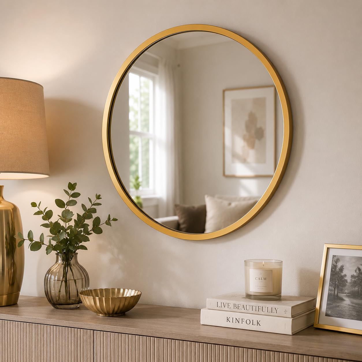 spot on dealz 40cm Gold Wall Mirror for Living Room, Bedroom & Hallway – Decorative Modern Home Accent Mirror