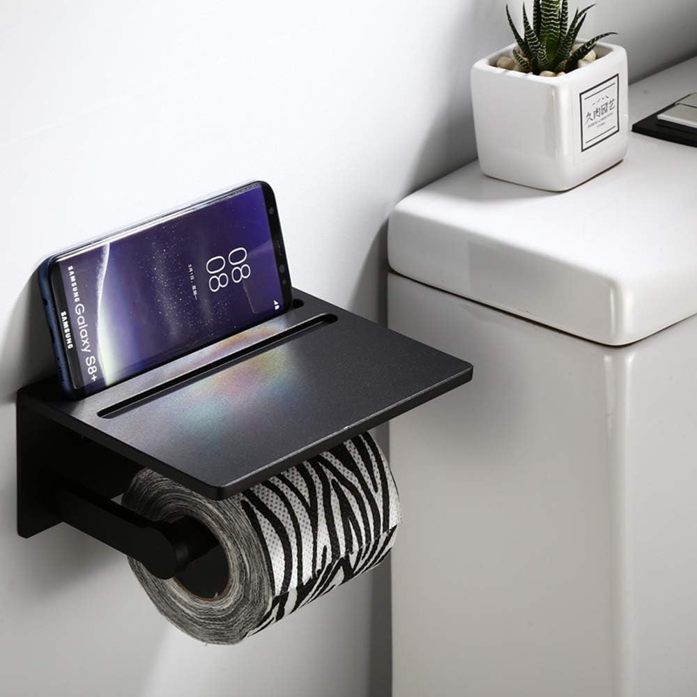 Wall Mounted Toilet Paper Holder with Phone Holder Shelf Stand Harmless Space Aluminum Bathroom Hardware Accessories for Bathroom Hotel,Black
