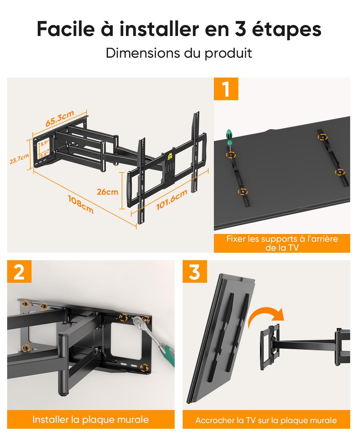 FORGING MOUNT Support Mural TV Mouvement Complet pour Téléviseurs de 60-100 Pouces Jusqu'à 125KG, Fixation TV Murale avec 2 Bras Articulés de 1090mm, Inclinable et Orientable Max. VESA 900x600mm