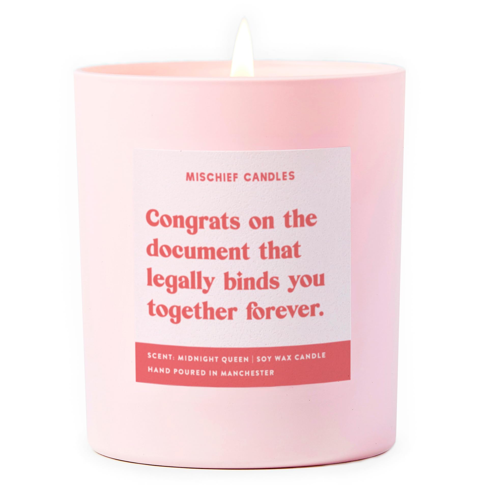Mischief Candles Pink Funny Gift Wedding Gifts For Married Couple Scented Soy Wax Candle (Congrats On Legally Binding Document)