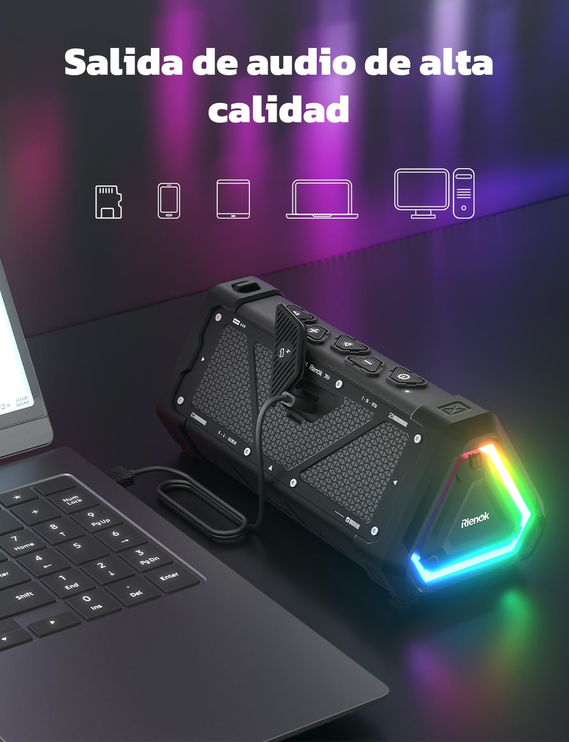 RIENOK S11 30W Altavoz Bluetooth Potente Impermeable IPX7 3 EQ Modos Bluetooth 5.3 Portátil Inalámbrica Dura 24 Horas Emparejamiento Estéreo Luz RGB Apoya Tarjeta TF