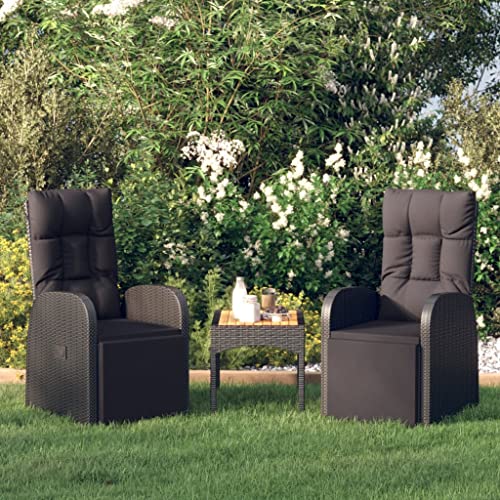 RCODSSK Lot de 2 chaises longues de jardin avec coussin, en polyrotin, réglables, avec coussin et cadre en acier - Noir