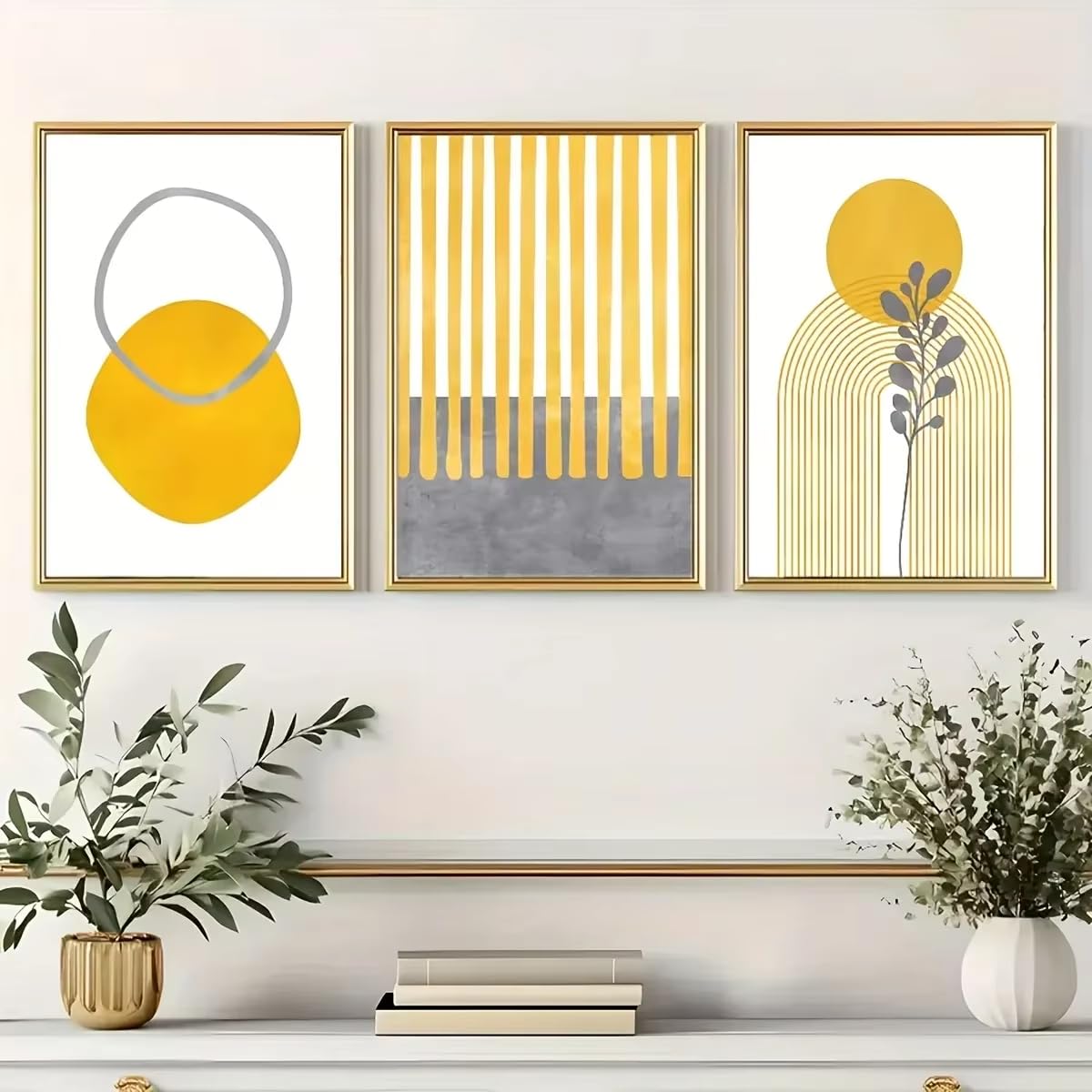 DFZEWKI Láminas decorativas geométricas abstractas en tonos amarillo mostaza y gris. Lienzo con arte floral moderno para decoración del hogar en la sala de estar (60x80cm (24x31in) x3)