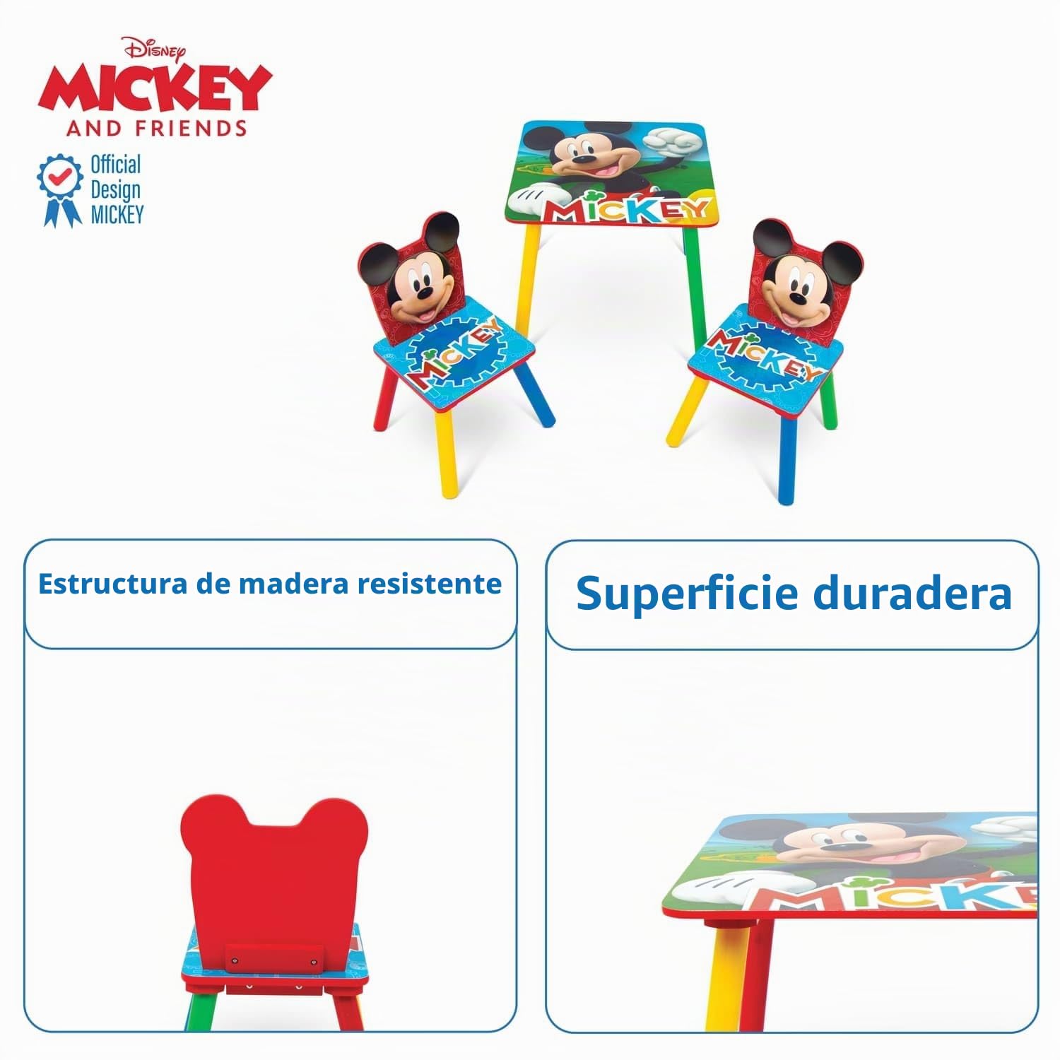 ARDITEX - Set de Mesa y 2 Sillas Infantiles de Madera - 50x50x44 cm y 26,5x26,5x50 cm - Ideal para Jugar, Pintar y Hacer Manualidades - Licencia Oficial Mickey Mouse
