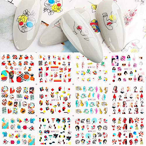 Nail Art Stickers Decals Nail Art Supplies Nail Accessories Decoration Nail Colorful Abstract Face Nail Stickers Decals Set Fruits Geometry Mix Slider Summer Tattoo Watermark Manicure Decor 12 Sheets