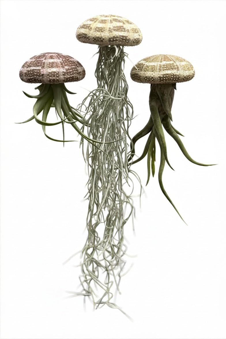 Trendyairplants - Lot de 3 Plantes Aériennes Réelles Tillandsia avec Coquilles d'Oursin Alfonso - Décoration Naturelle Intérieure - Purificateur d'Air - Facile d'Entretien - Cadeau Original