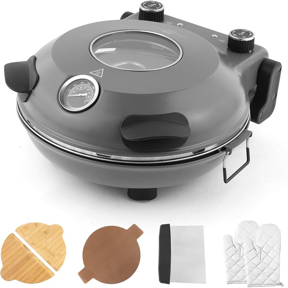 KLAIF Forno Elétrico de Pizza de Bancada 12" (Uso Interno) com Pedra Cerâmica, Controles Duplos de Temperatura Ajustáveis, Inclui 4 Utensílios para Pizza LMR-Cinza, 110V-130V