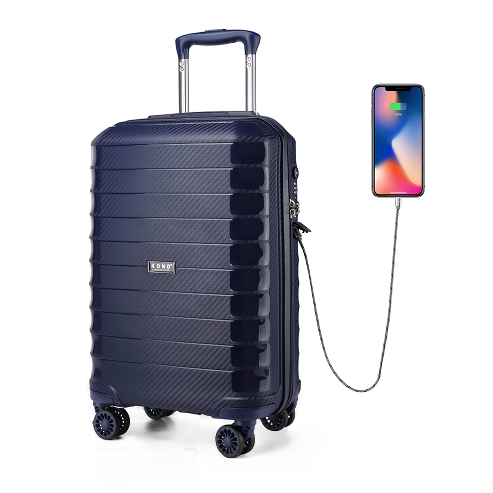 Kono Suitcase Luggage 55x35x20cm Cabin Case PP Material Lightweight Carry on with USB Charging Port Built-in TSA Lock 4 Spinner Wheels