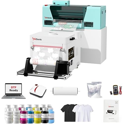 InkSonic H13 DTF Printer Machine with Powder Shaker and Dryer, A3 DTF Printer Bundles, T Shirt Printing Machine with F1080 Printhead, Direct To Film, Auto Maintenance, White Ink Circulation, Cyan