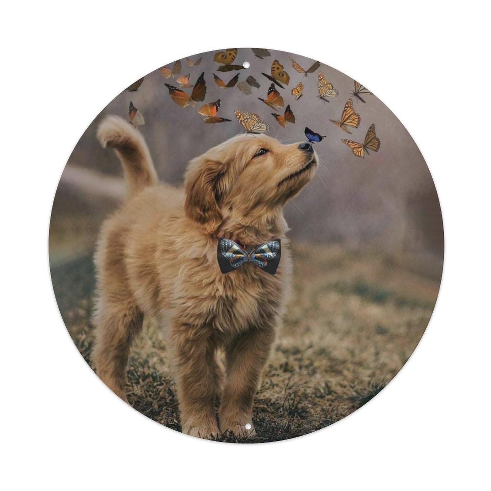 Dog Butterfly Cute Pet Floral Vintage Illustration Metal Tin Sign