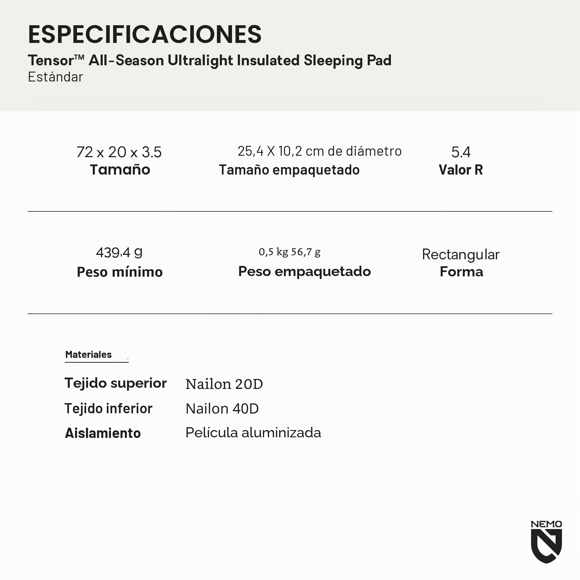 Nemo Tensor - Almohadilla de Dormir Ultraligera para Todas Las Estaciones, con Aislamiento, Regular