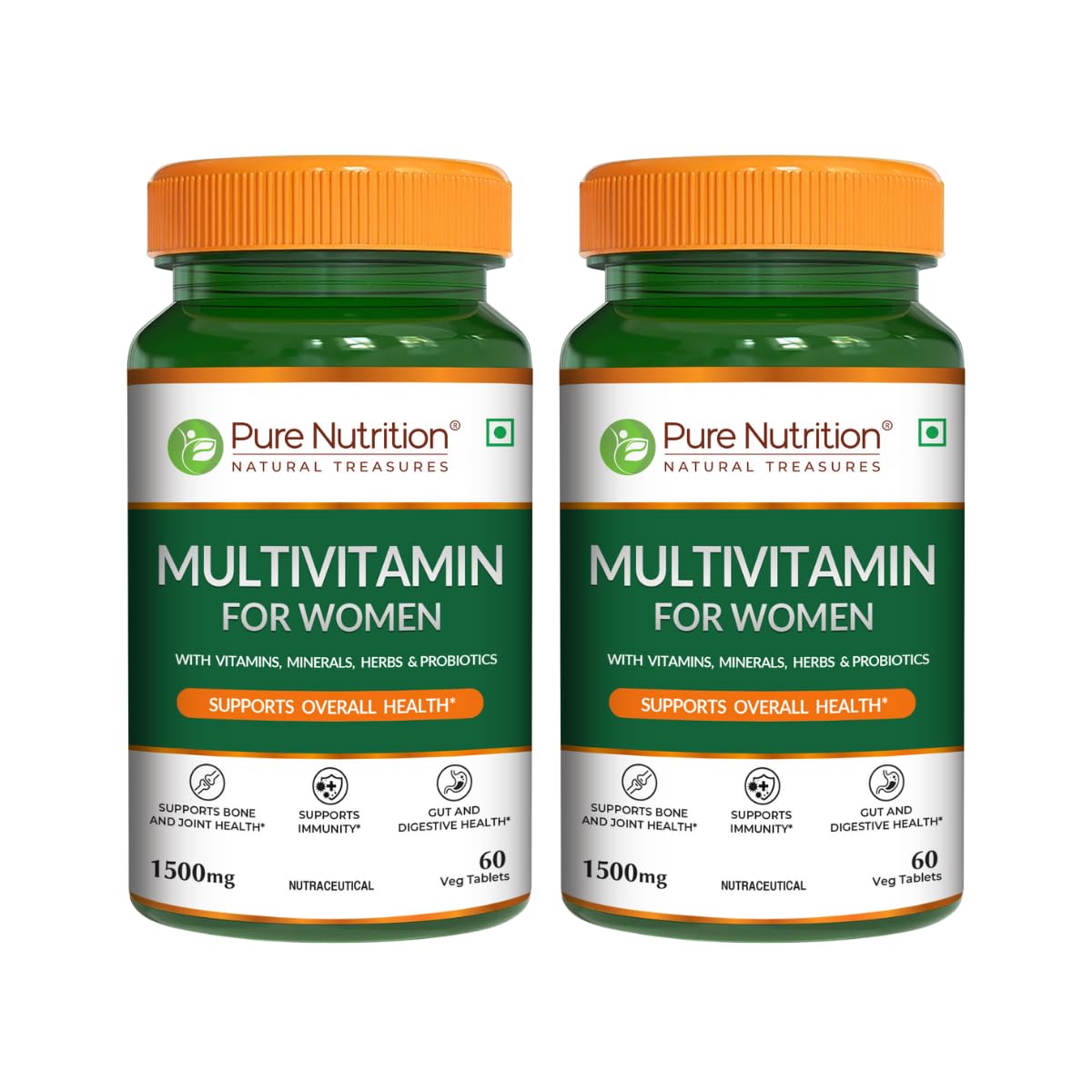 Pure Nutrition Multivitamin for Women (1500mg), 120 Veg Tabs (60x2), with Biotin, Iron, Alfa Alfa, Moringa, Ginseng, Fenugreek & Green Tea | Supports Immunity, Energy, Stamina, Bone & Overall Health