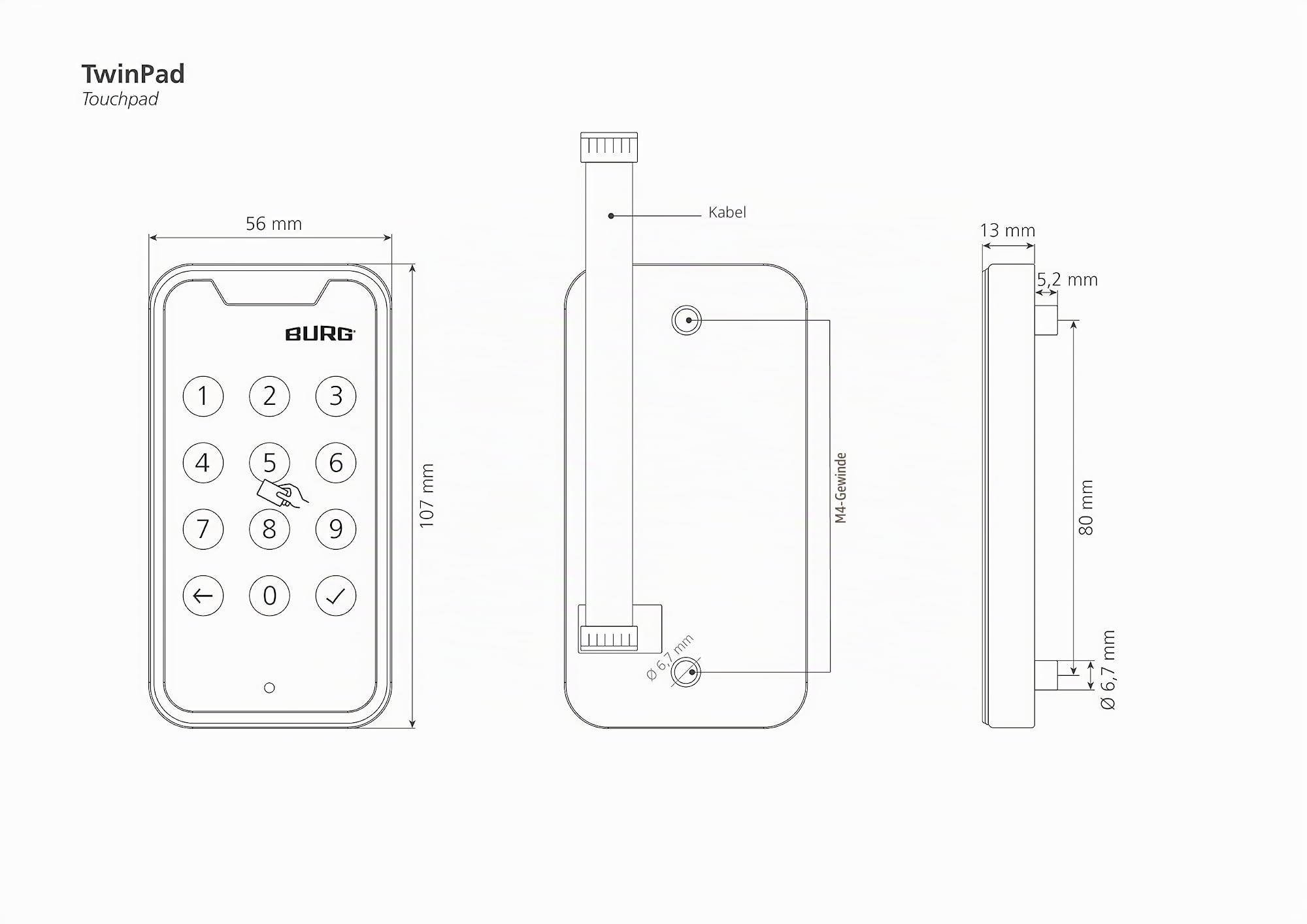 BURG TwinPad elektronisches Möbelschloss-Komplettset – Codeschloss (PIN) & RFID/NFC 13,56 MHz (MIFARE) – Schrankschloss/Spindschloss für Schranktür, Schublade & Spind