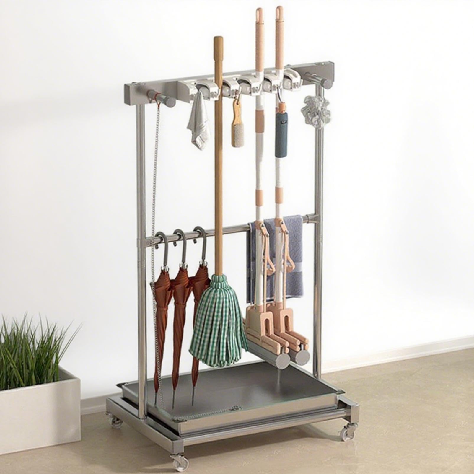 Soporte para escobas de fregona, estante de almacenamiento de herramientas de limpieza, organizador multifuncional para escuelas, hospitales, fábricas, hoteles - Solución de suministros de limpieza