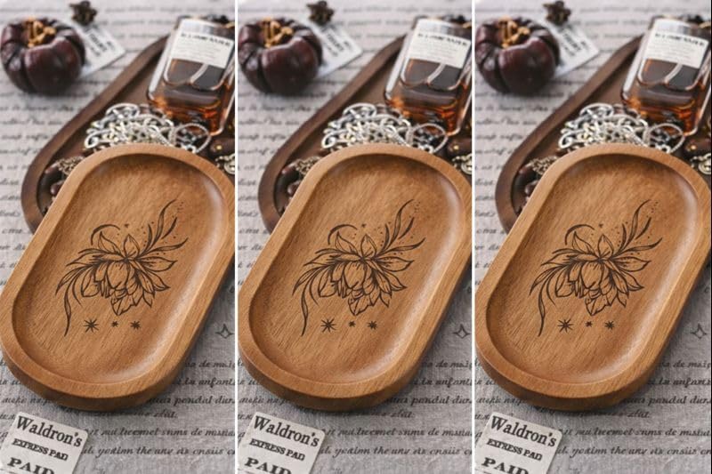 Image of Wooden Jewelry Tray, Oval Shape, L x B x H = 10 x 5 x 0.5 Inch Floral Design, Natural Wood Finish, Organizer for Rings, Necklaces, Earrings And Snacks Serving (lotus 3)