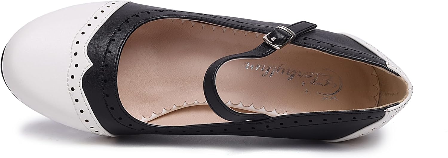 Elerhythm Women's Two Tone Mary Jane Classic and Retro 1920s Pump Heels Oxford Pattern 1950s Vintage Round Closed Toe Ankle Strap Dress Shoes