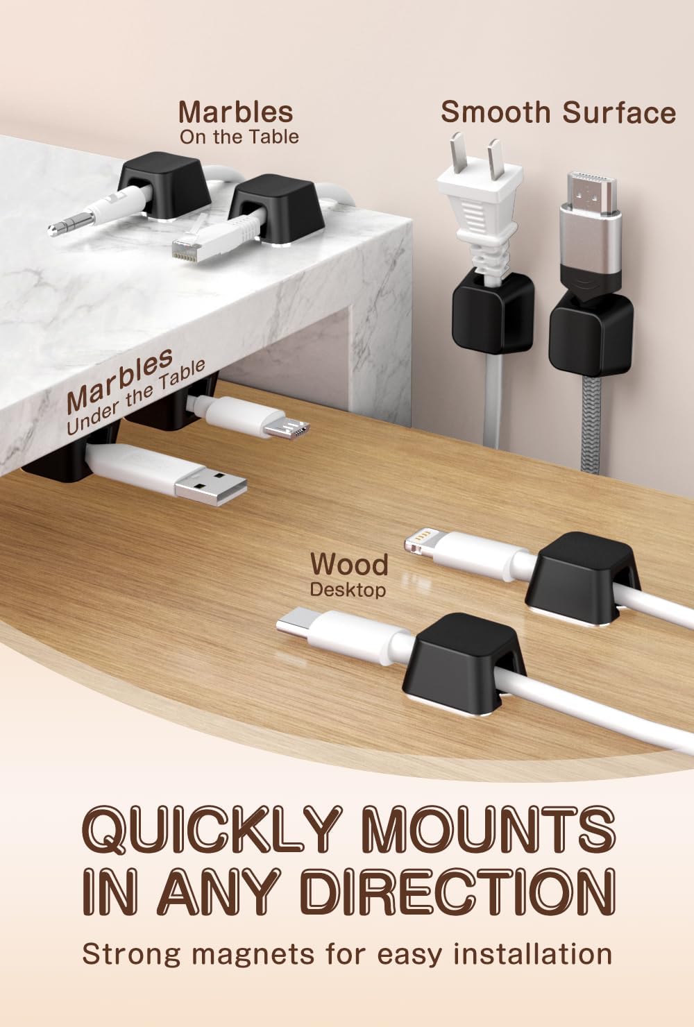 Maveek Magnetic Cord Clips, Cable Holder Magnet Silicone Cord Organizer Keyboard Keys Square Cable Management for Charging USB C Ethernet HDMI Home Office Car TV Cables (5 Pack, Black) - Image 2