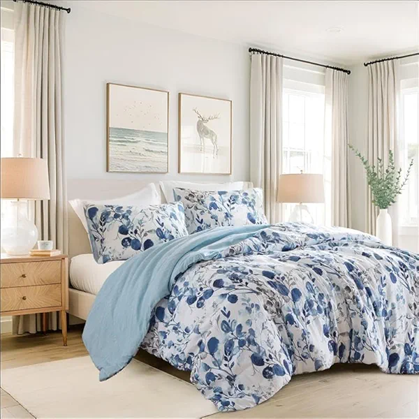 Lightweight Seersucker Botanical King Size Comforter Set, Reversible Design Bed Comforter, Premium Microfiber Bedding Set, Comforter and Shams Set, Blue