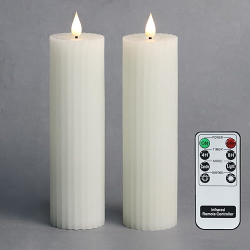 Fanna Velas LED sin llama de columna delgada de 8 pulgadas, color blanco, funciona con pilas, diseño de rayas, pilas y control remoto incluidos,
