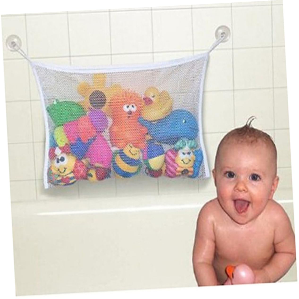 Conteneur de rangement jouets pour salle de bain filet blanc Toyvian pour enfant et bébé