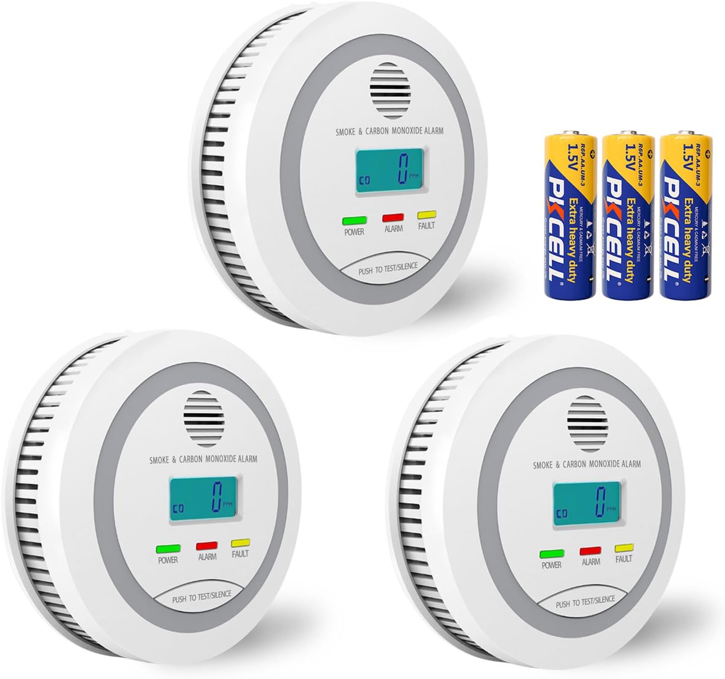 Smoke & Carbon Monoxide Detector with Batteries, 2-in-1 CO Detector Alarm for Home, Garage, and RV with LCD Display Safety Alarm System, Audible and Visual Alert (3 Pack)