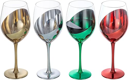Miniatura 6 de MyGift Copas de vino modernas inclinadas de 14 onzas con tallo de color navideño multicolor metálico en ángulo, juego de 4