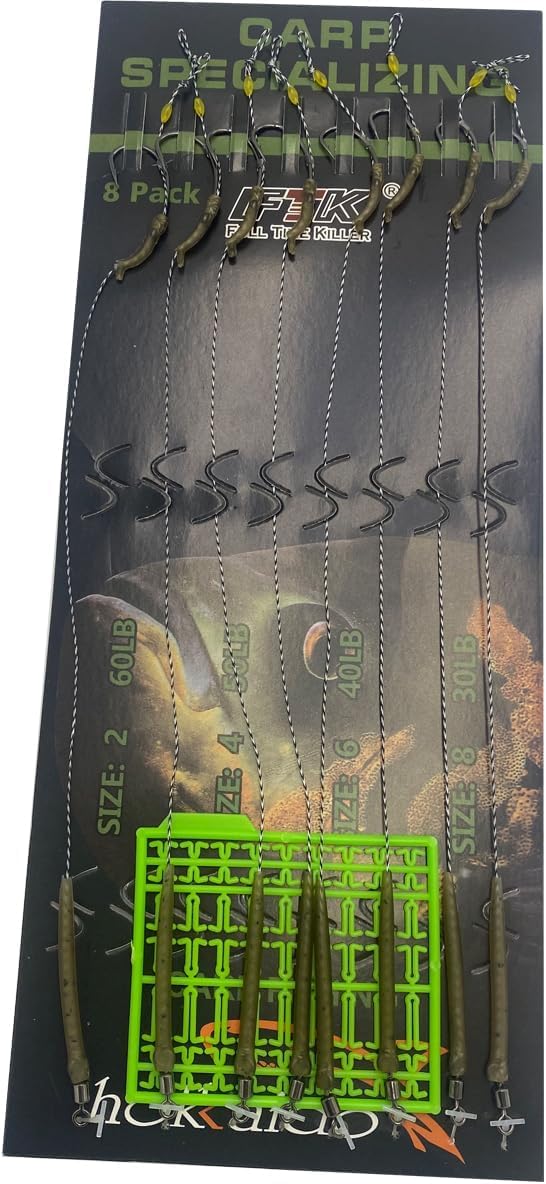 FOLANDO 8pcs Pre-Rigged Carp Fishing Hair Rigs Kit | #2/#4/#6/#8 Curved & Barbed Hooks | Ready-to-Fish with Swivels | Fresh/Saltwater Boilie Rig Accessories
