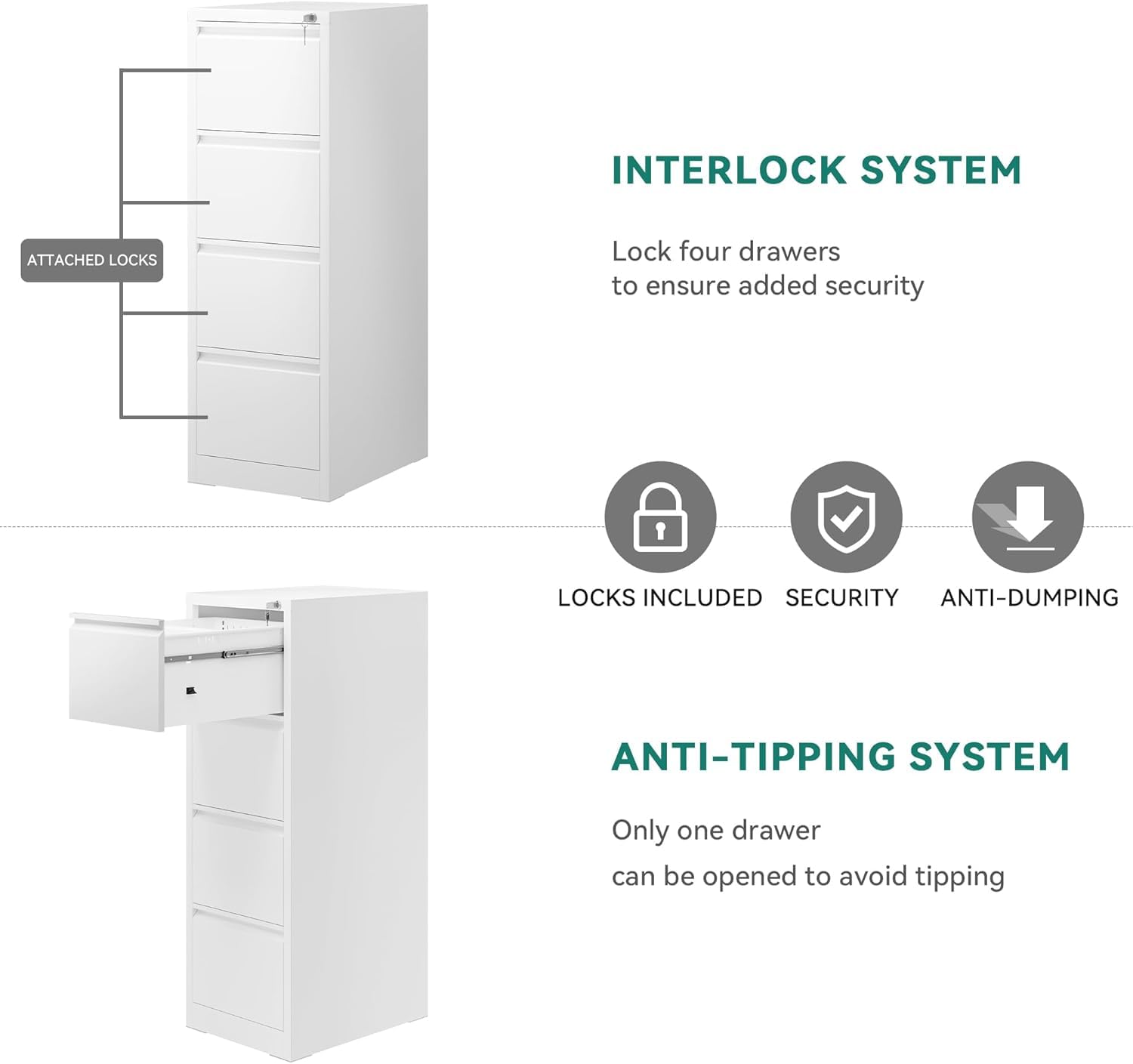 YITAHOME Aktenschrank mit 4 Abschließbaren Schubladen, Kippsicherer Rollender Aktenschrank mit Rädern für das Büro zu Hause, Unter-Pult-Aktenschränke, weiß, 62 x 45.8 x 133cm