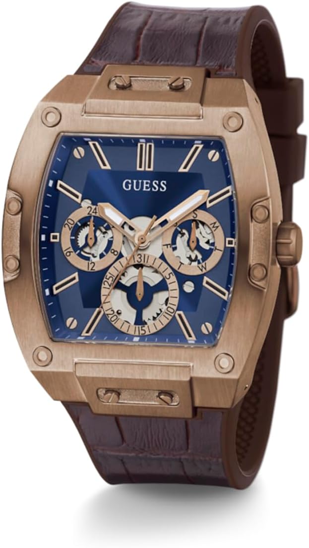 Reloj multifuncional guess para hombre trend de 43 mm caja de acero  inoxidable color caf con esfera de diamantes azules y correa de cuero croco  marr n