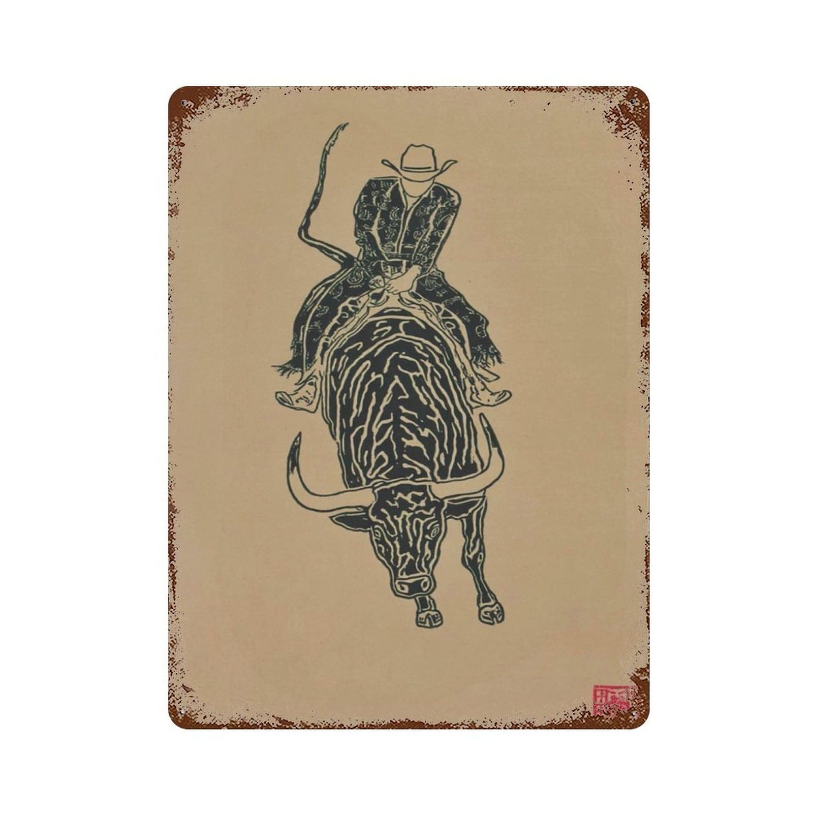 xiaoxiaoshen Japanese Rodeo Cowboy Bull Riding Western Minimalist Zen Tan Ink Style Wall Decor Art Metal Tin Poster Modern Home Decor Art Home Bar Shop Decorations Vintage Sign 40x30cm