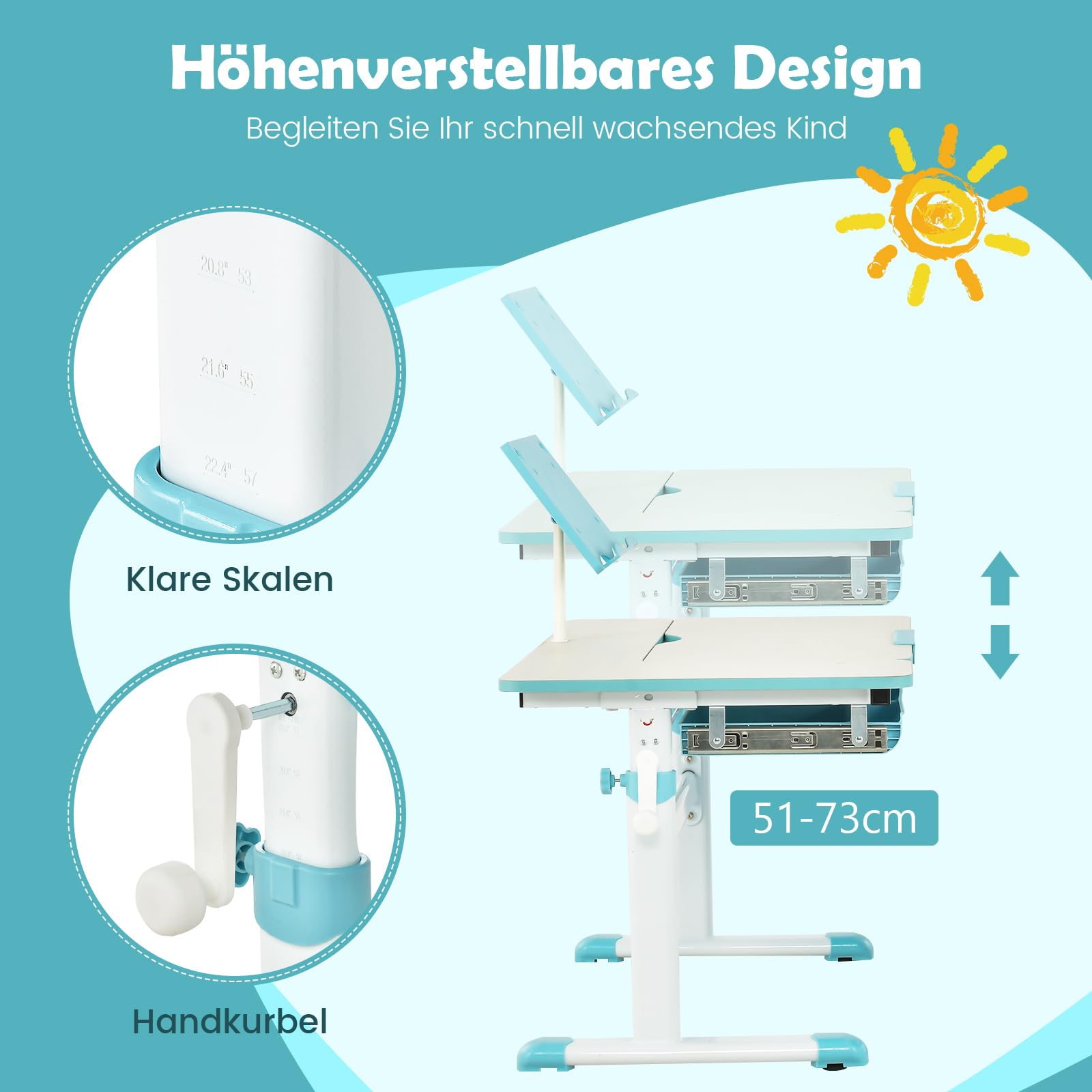 DREAMADE Kinderschreibtisch höhenverstellbar, Schülerschreibtisch neigungsverstellbar, Schreibtisch Kinder, Jugendschreibtisch mit Bücherständer und Schublade (Blau)