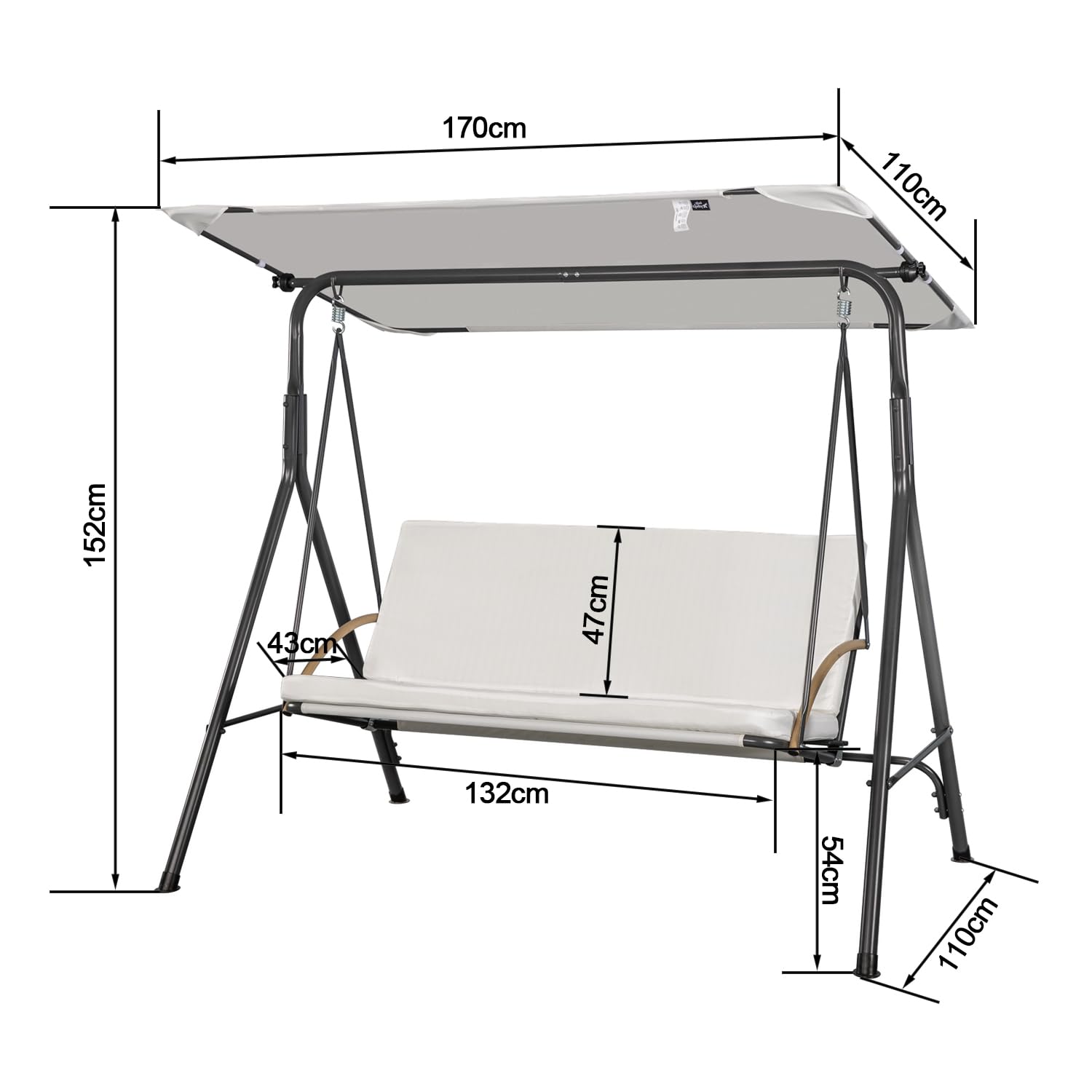 Angel Living Balancelle de Jardin 3 Places avec Auvent, Coussin Épais et Structure en Acier, Tissu Oxford, pour Terrasse, Patio, 170x110x152cm, Blance