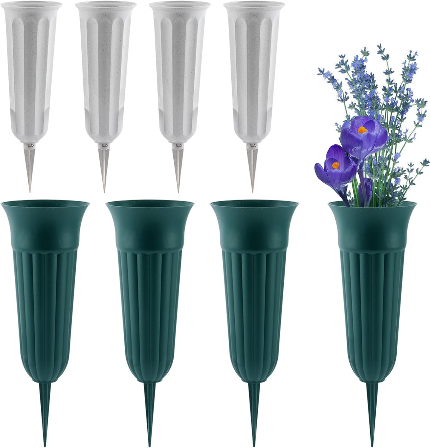 8-Pack Cemetery Vases for Grave - 2 Sizes of Plastic Cone Vase with Foam Flower Holders Spikes, Cemetery Decorations for Patriotic Memorial Grave Accessories (Gray, Green)