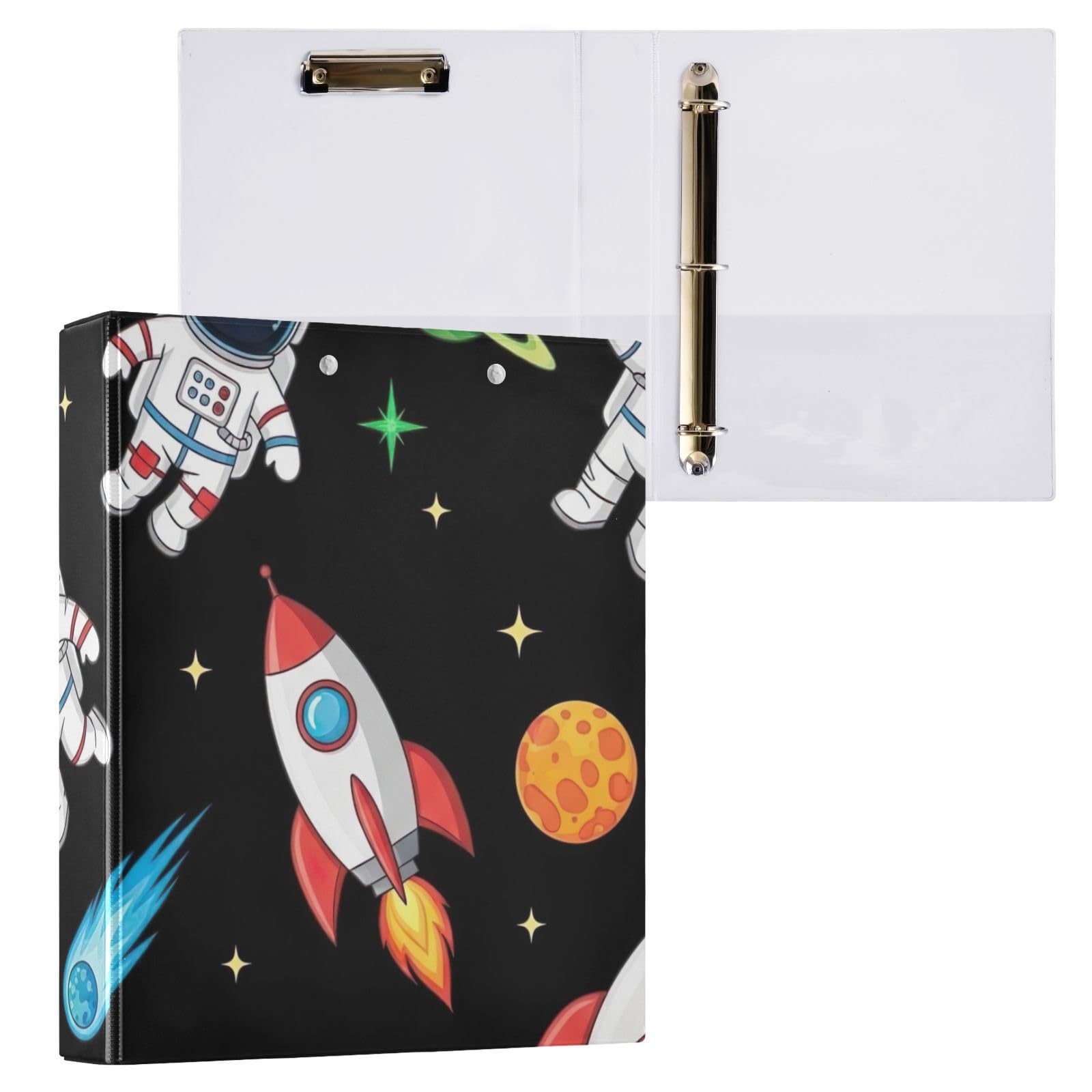 Space Astronaut Rockets Black Three Ring Binder 1.5 Inch, Flexible D Ring Binder with Pockets, 3 Ring Binders for School, College, Office