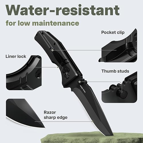 Miniatura 4 de Grand Way Navaja de bolsillo para hombre, hoja negra plegable afilada de 3.5 pulgadas, cuchillos tácticos con bloqueo de revestimiento, mango de