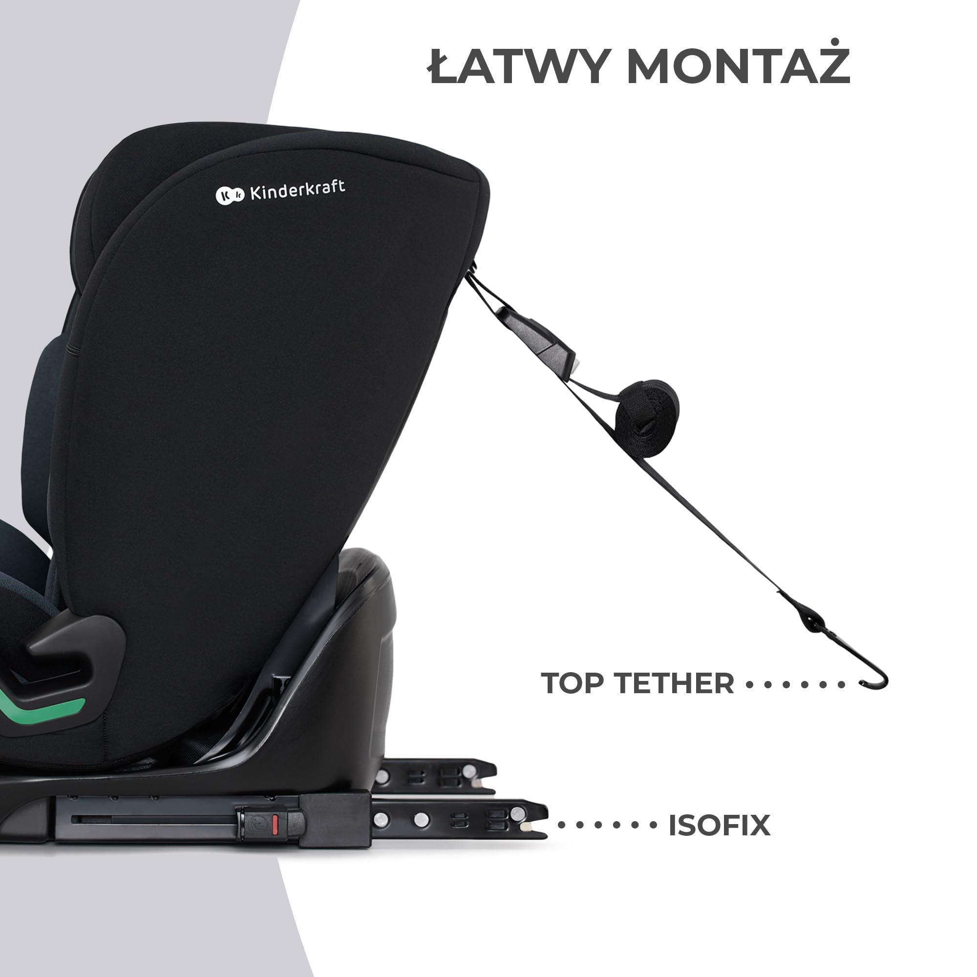 Kinderkraft ONETO3 Fotelik samochodowy z bazą, I-Size 76 do 150 cm, Systemy bezpieczeństwa, Isofix, Reclining, Wzmocniony zagłówek, Wkładka dla najmłodszych, Grupa wiekowa 1/2/3, do 36 kg, Czarny