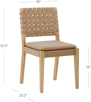 Nathan James Cohen Wood Dining Chair, Mid-Century Modern Upholstered Side Chair with Hand Woven Faux Leather Backrest, 20D x 18W x 33H, Natural Brown