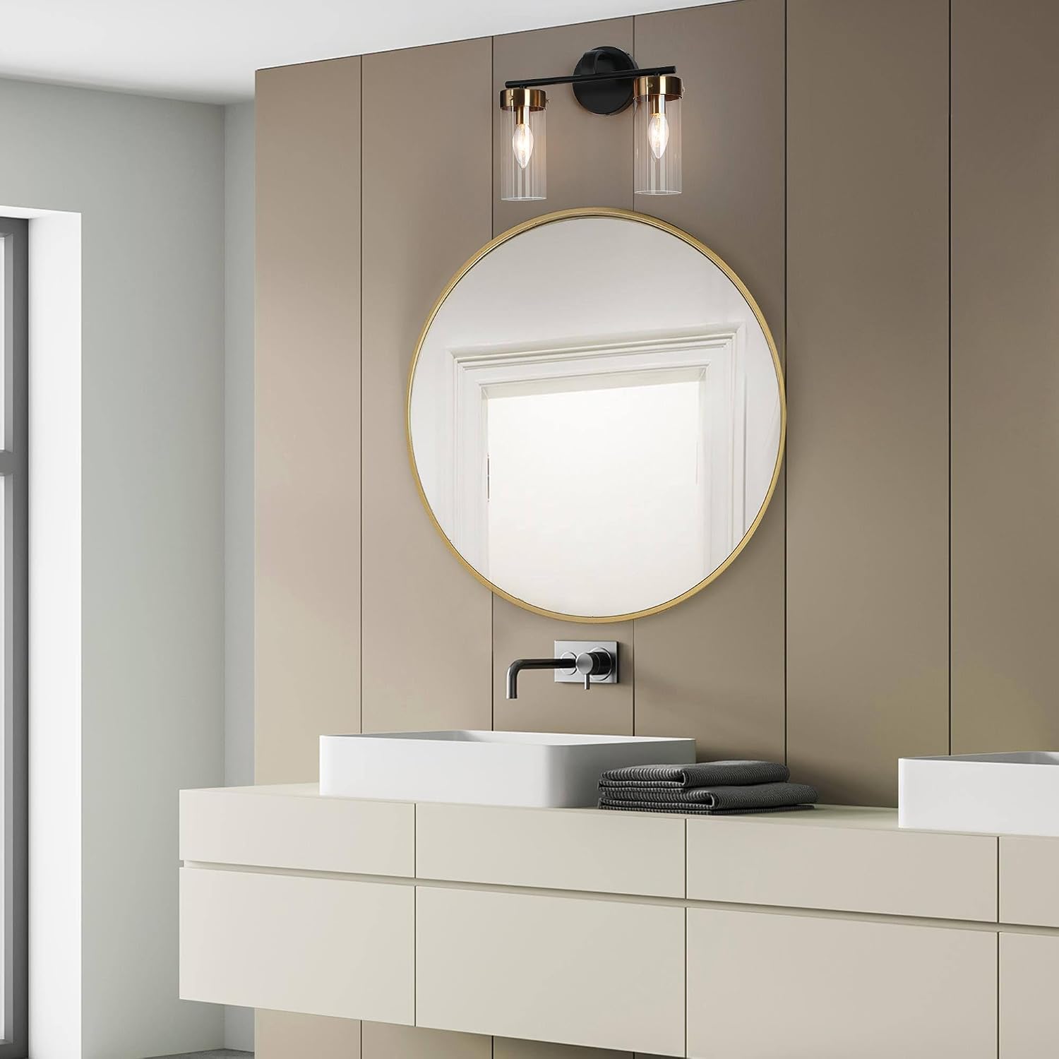 KSANA Black Gold Vanity Light, Modern Glass Bathroom Light Fixture with Cylinder Design Shade, 2-Light Wall Sconce with Electroplated Brass Accent Over Mirror