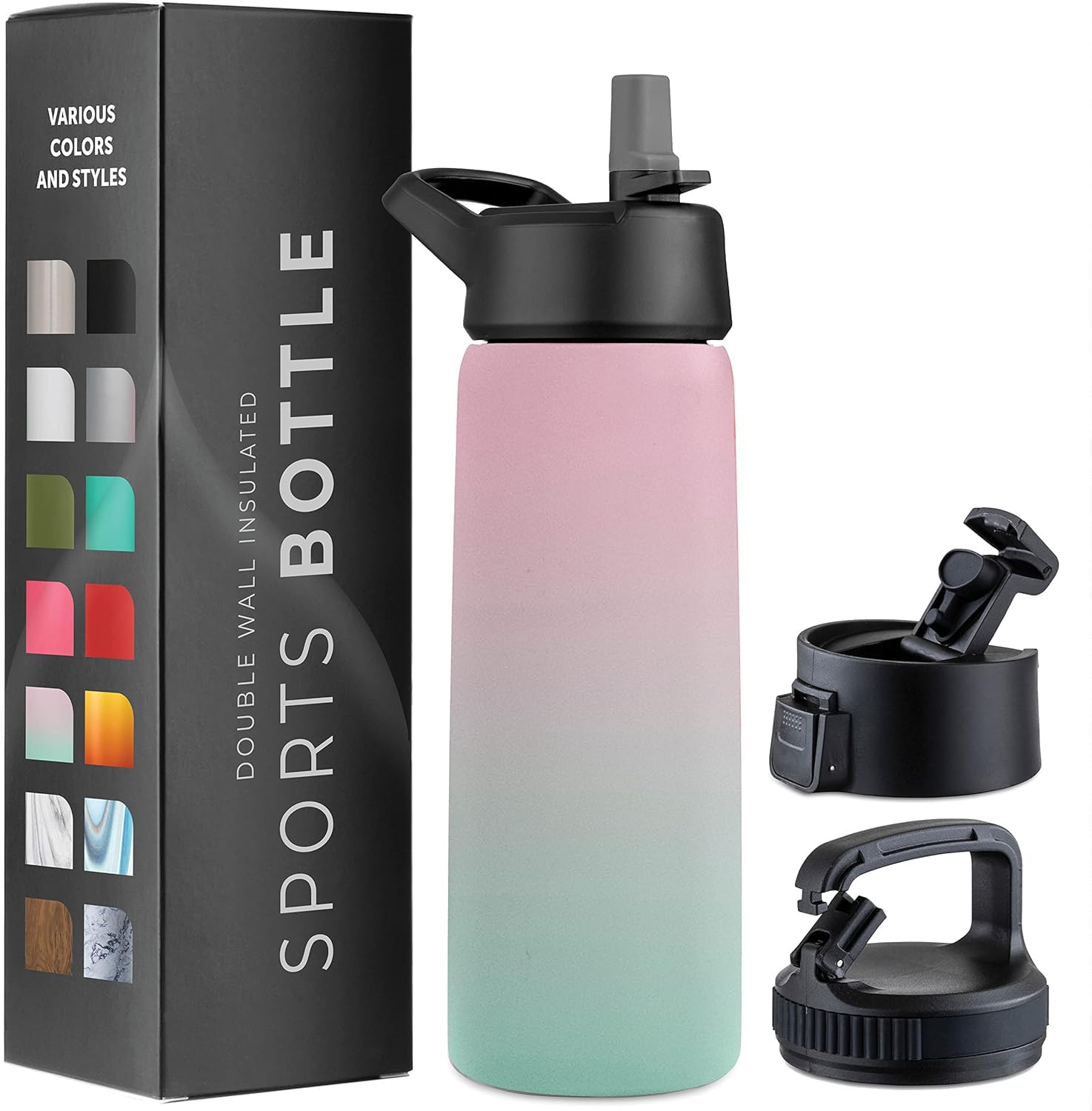 Triple-Insulated Stainless Steel Water Bottles with Straw, 25 Oz Reusable Insulated Water Bottles with 3 Lids, Metal Water Bottle for Travel, School, Sports, Gym/Men, Women & Kids (Dreamy Pink-green)