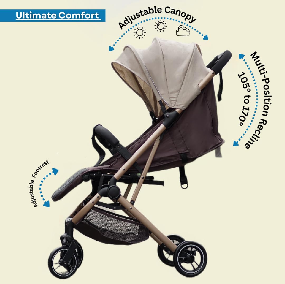 Chipzzie Travel Mate Baby Stroller – Pre-Installed, Lightweight, Compact & Travel-Friendly | One-Hand Fold | Full Recline & 5-Point Harness | Newborn to Toddler (0-3 Yrs) | Elegant Rose Gold Frame – Brown/Khaki 1
