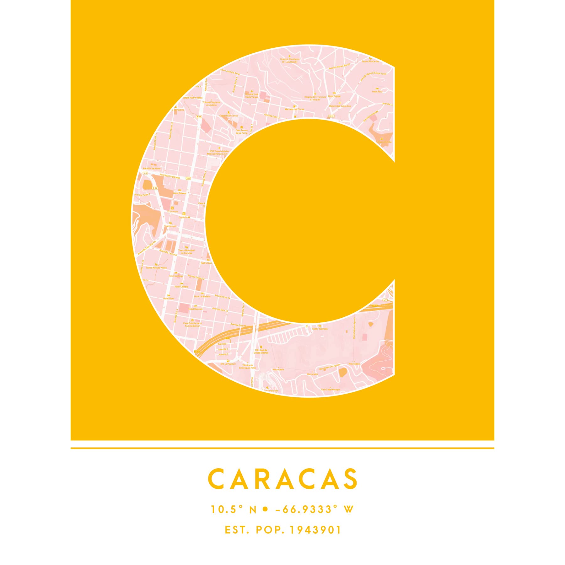 Wee Blue Coo Caracas Venezuela City Map Yellow Colour Block Modern Typography Stylish Letter Unframed Word Wall Art Print Poster for Home Décor CITYMAP1