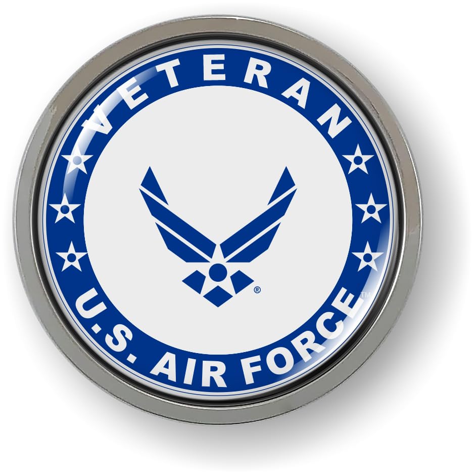 Image of BestLicensePlateFrames - U.S. Air Force Veteran Logo with USAF Blue Arnold Wings and Star Symbol 3D Domed CAR Emblem Badge Sticker Chrome Metal Bezel - Official USAF and USSF Licensed Product