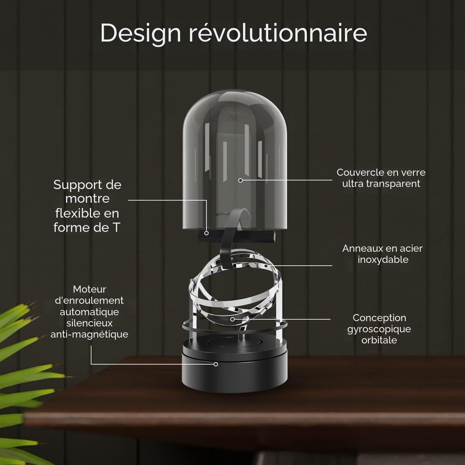 Elestoria Remontoir de montre Orbit - Remontoir de montre automatique avec couvercle en verre | Moteur silencieux, rotation gyroscope, boîte de remontoir mécanique de luxe, Argenté, Rétro