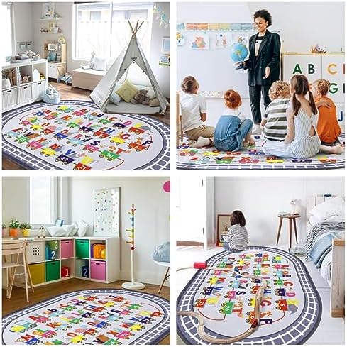 HiiARug Kids Play Rug Oval ABC Alphabet Numbers Educational Rug Train and Road Rug Baby Play Mat Learning & Game Area Rug for Bedroom Playroom Decor (Grey, 3'3" x 5') 5 61AJDNfn rL. AC