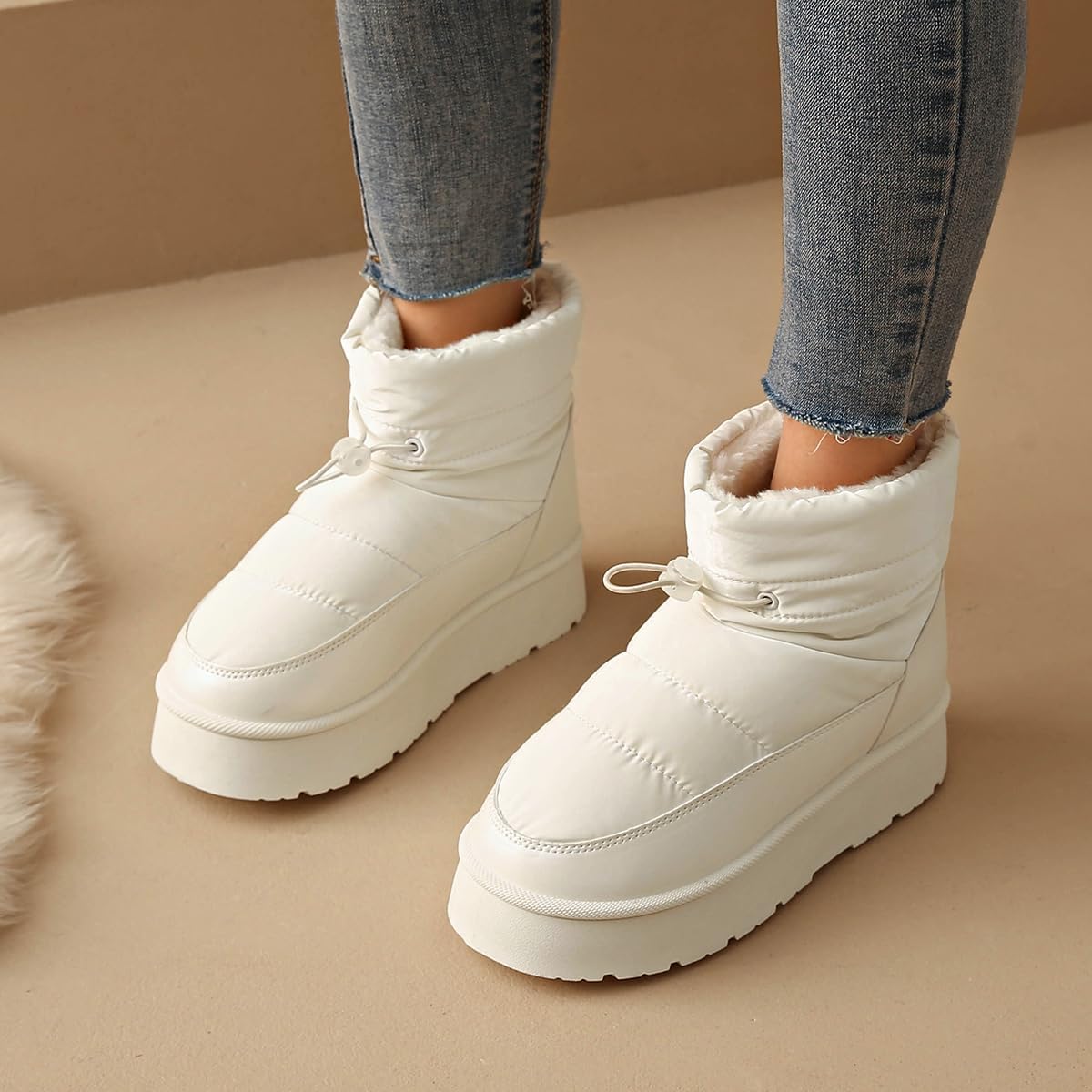 Winter Snow Boots for Women, Waterproof Platform Ankle Booties with Fur Lining, Drawstring Closure, Red and White