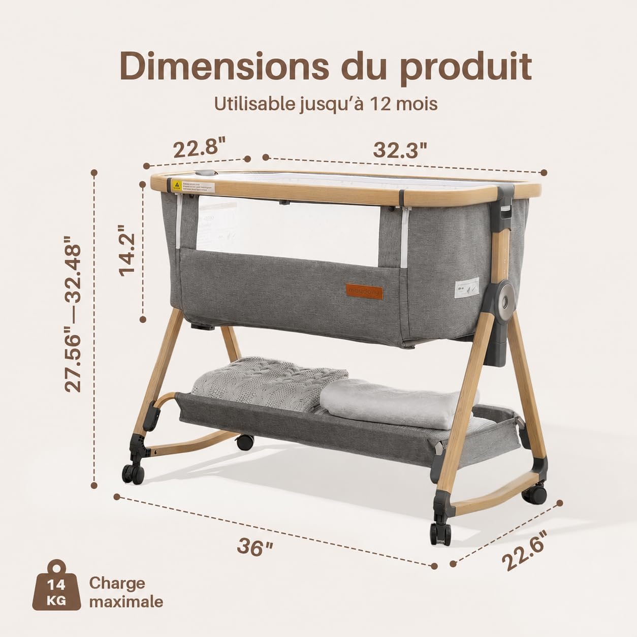 Maydolly Lit d'appoint 3 en1 Berceau avec Matelas Hauteur Réglable Inclinable Gris